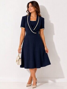 Escada Margaretha Ley Vintage Navy Blue Wrap Style Dress Beige Trim Size 38 M